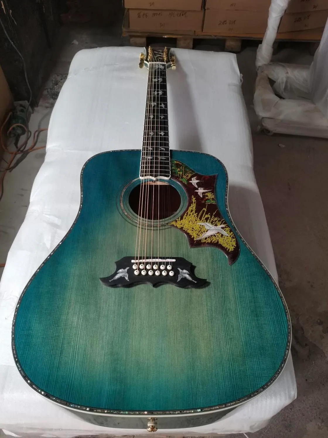 Custom Deluxe AAAA All Solid Akustikgitarre Birds in Flight Viper Blue Green 12 Saiten Dreadnought Gitarre