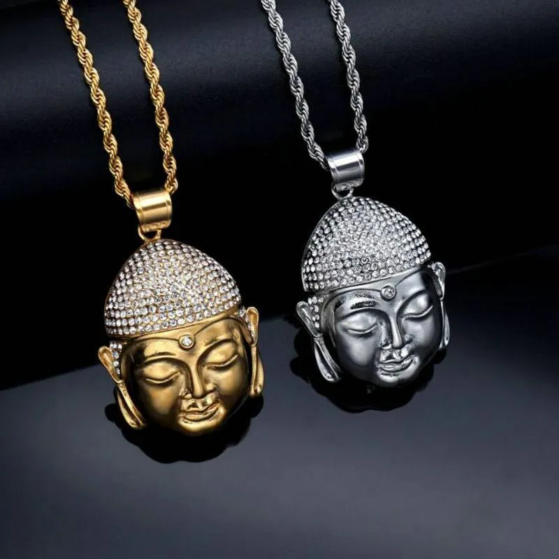 Colares de pingentes de aço inoxidável Buda Cabeça com diamantes devotos budistas de devotos pendentes