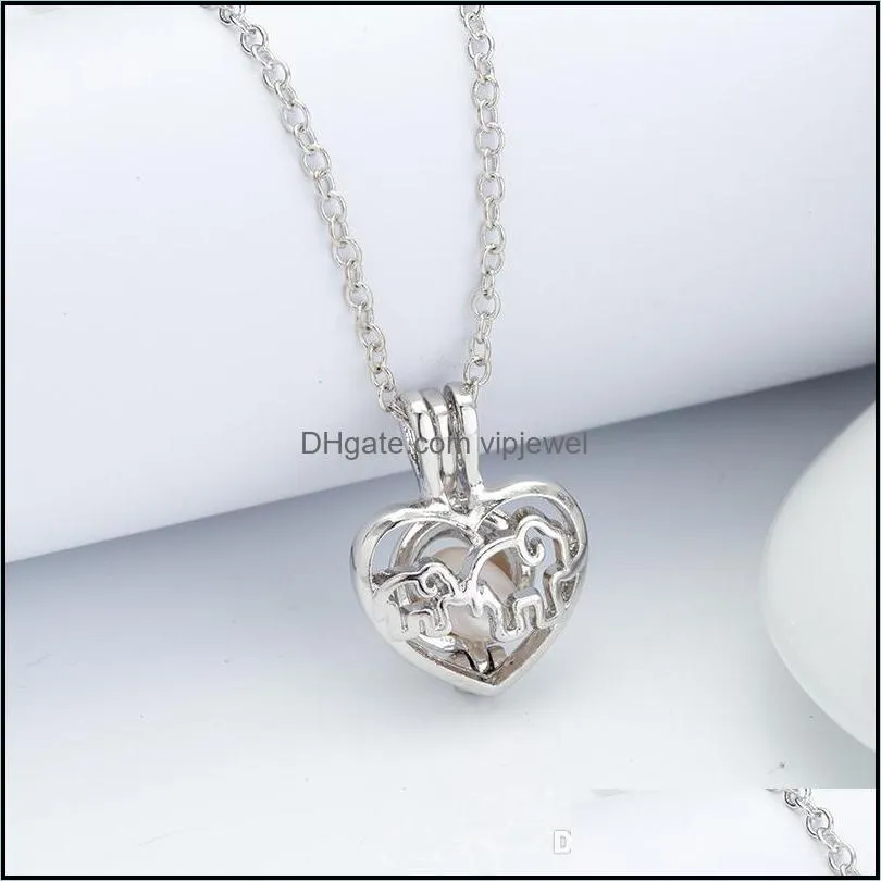 Love Wish Pearl Necklace Cages Locket Hollow Out Oyster pearl heart Pendant Necklaces wolf dog bear elephant charm DIY jewelry