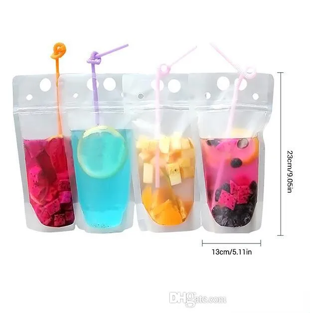 US stock Clear Drink Pouches Bags frosted Zipper Stand-up Plastic Drinking Bag with straw with holder Reclosable Heat-Proof FY4061