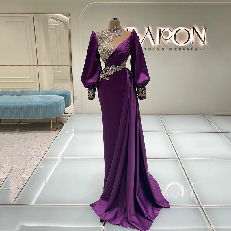 Paillettes Violet Sirène Robes De Bal Princesse Satin Appliques Paillettes Perles Col En V Manches Longues Col En V Étage Longueur Robes De Soirée Plus La Taille Sur Mesure