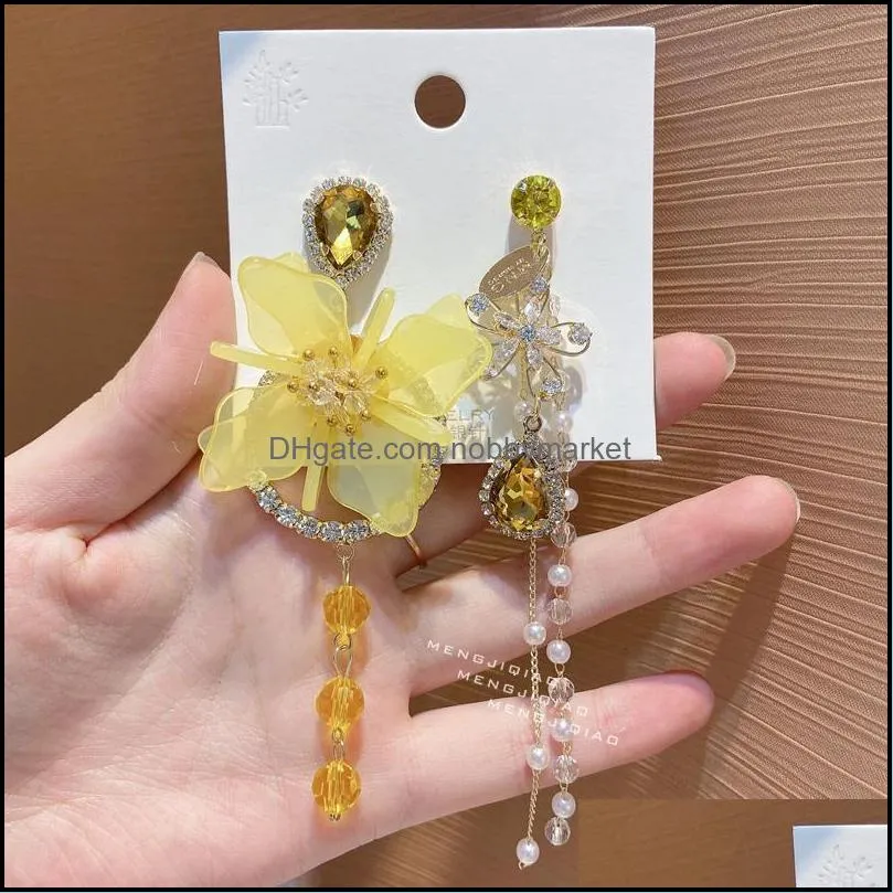 Dangle & Chandelier MENGJIQIAO Korean Luxury Asymmetric Flower Crystal Drop Earrings For Women Girls Elegant Pearl Tassel Oorbellen Party