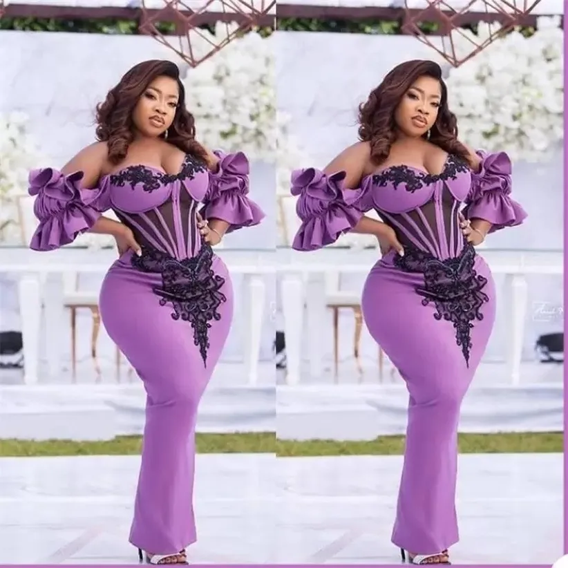 2022 NIEUW ASO EBI PROM -jurken plus size mermaid avondjurken met zwarte applique korte mouwen vrouwen cocktailjurk b0621G01