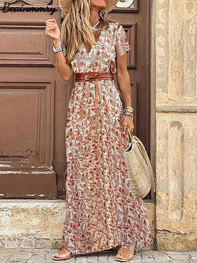 Boho Long Dress for Women V-Neck Short Sleeve Paisley Print Summer Belt  Mid-Calf A-Line from Dhgate Basic & Casual Dresses - price 31.14