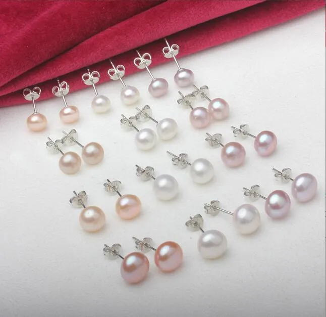 925 Silver 10-11-12-13mm Big Pearl Stud Freshwater Pearl Earrings White Pink Purple Lady/Girl Fashion Wedding Jewelry