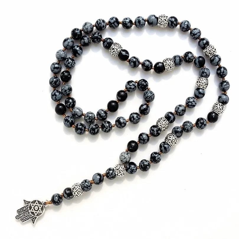 Collana di fantasiose scandali con perle di pietra naturale da 8 mm e collana da uomo a ciondolo HAMSA per uomini Mala Collana Gift 210331