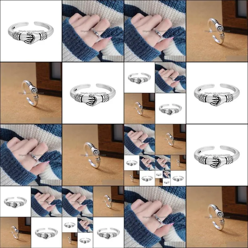 Retro Silver Rings Opening Handshake Creative Friendship Ring Fine Jewelry