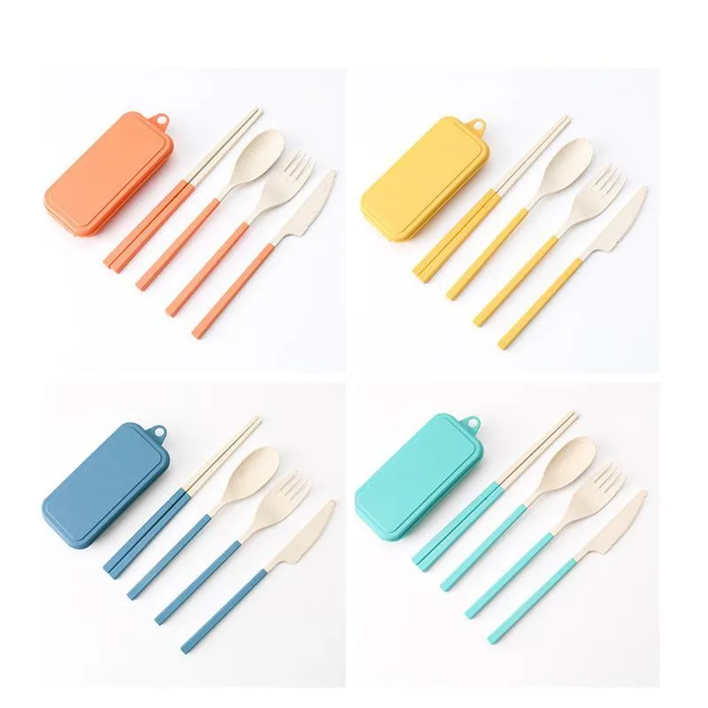 Wheat Straw Fold-Able Cutlery Set Dinnerware Sets Creative Removable Knife Fork Spoon Chopsticks Portable Four-Piece Student Gift GH0030