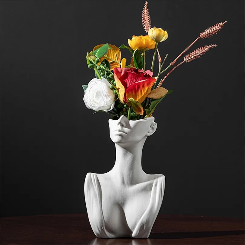 Creative Tête Humaine Visage Fleur Vases Portrait Vase Décoratif Nordique Pot De Fleur Ornement Céramique Statue Artisanat Maison Art Dercor 220423