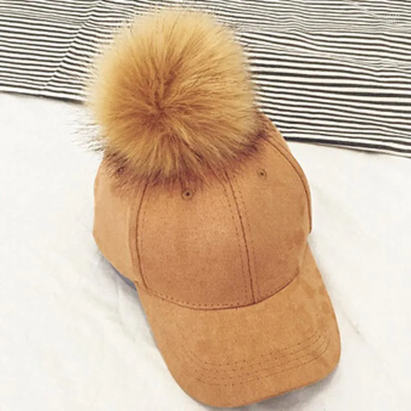 Style Women Faux Fur Pompom Baseball Caps Light Tan Ball Suede Cap Hip-hop Hat Gorros