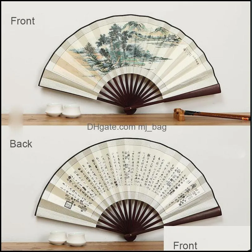 party favor landscape silk folding fan chinese style bamboo wood summer portable wedding gift 10 inch