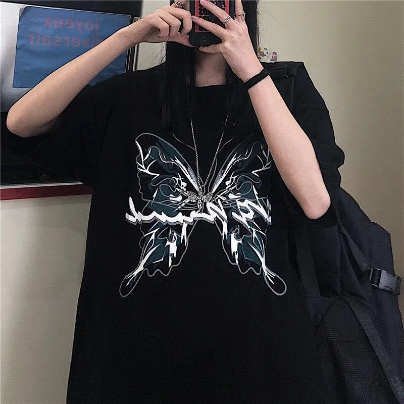 Punk Style Butterfly Graphic and Letter Printing Stitch Green Y2K Summer Style O Neck Short Sleeve T Shirts 220602