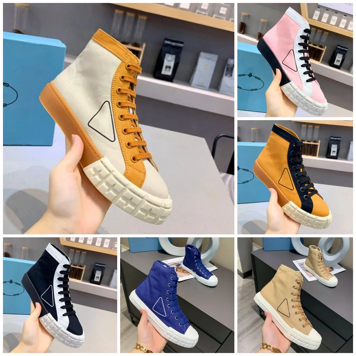 Prad Shoesprad 2022 Tekerlek Naylon Tasarımcı Kadın Ayakkabı Pamuk Tuval Yüksek Üst Sabahlar Dantel Doğru Çerçeve Kauçuk Üçgen Loafers GQVL 6I8A