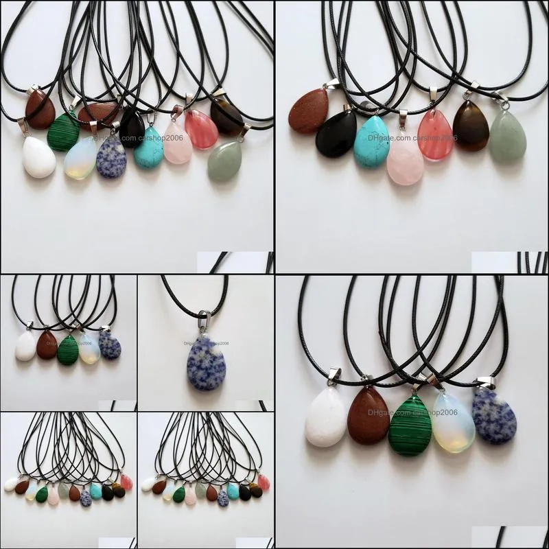 wholesale 24pcs/lot mixed natural stones pendants water drop pendulum leather chains necklace reiki fashion jewelry