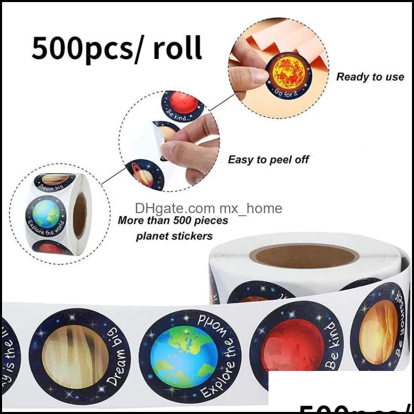 Opakowanie prezentów 500pcs 1.5 -calowe planety papierowe naklejki Roll kosmos kosmos dzieci astronomia mars tag tag urodzinowy dekoracje upuszczania dostawy 2021
