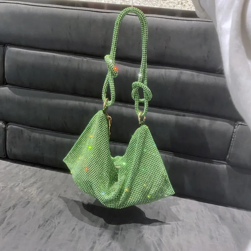 Rhinestone Axillary Bag Solid Handbag cross Body Bags Green Purse Hand Carry Small Bag Telescopic Handle Horizontal Square Wallet