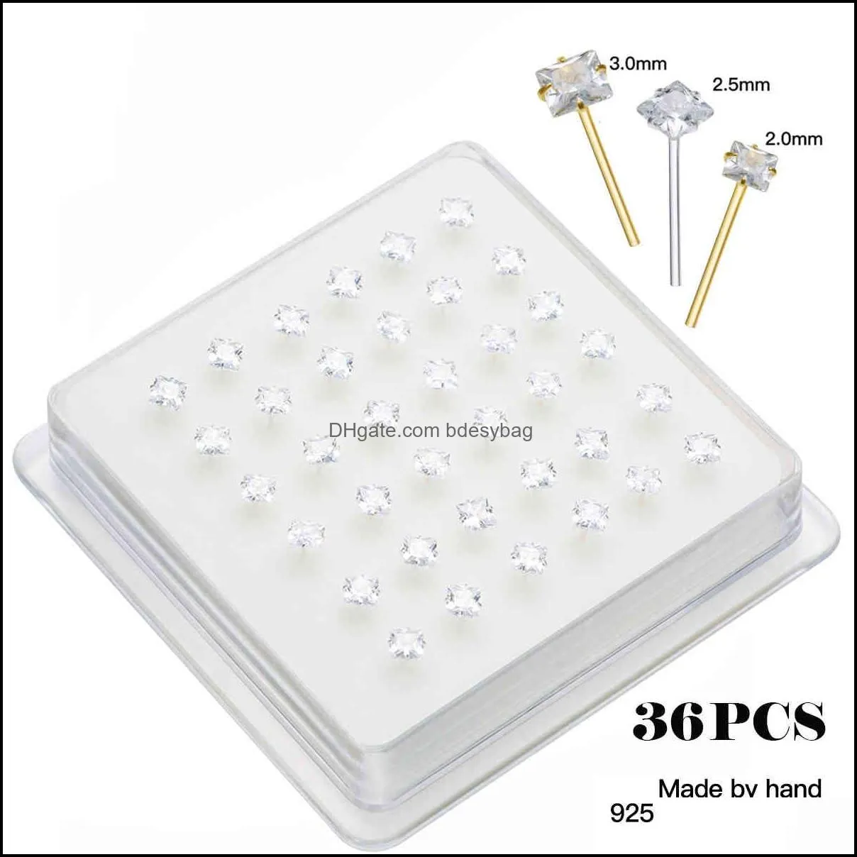 36pcs/set 925 sterling silver shiny clear cubic zircon stud nose pin indian body jewelry piercing plata aro nariz