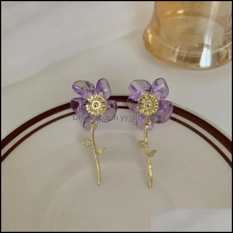clip-on & screw back fashion simple rose flower clip earrings temperament long acrylic purple on for women non pierced earsclip-on