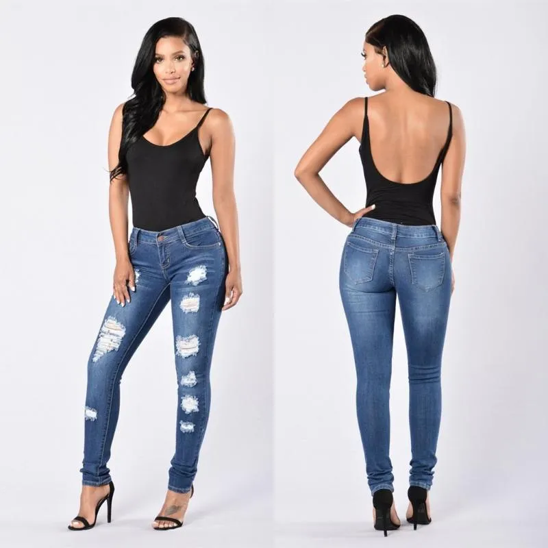 Women's Jeans High Waist Female Ripped Stretchy Blue Tassel Woman Denim Pants Trousers For Women Pencil Skinny