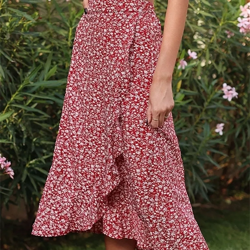 Blommor tryck midi kjolar för kvinnor casual elegant röd highwaist kjol mode ruffle oregelbunden strand kjol sommar 220523