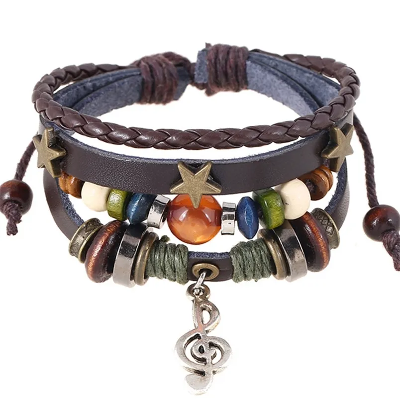 Fait à la main Boho Gypsy Hippie Design Marron En Cuir Étoile G Clef Note Métal Charmes Bois Bouton Perles Wrap Unisexe Bracelet Réglable 220727