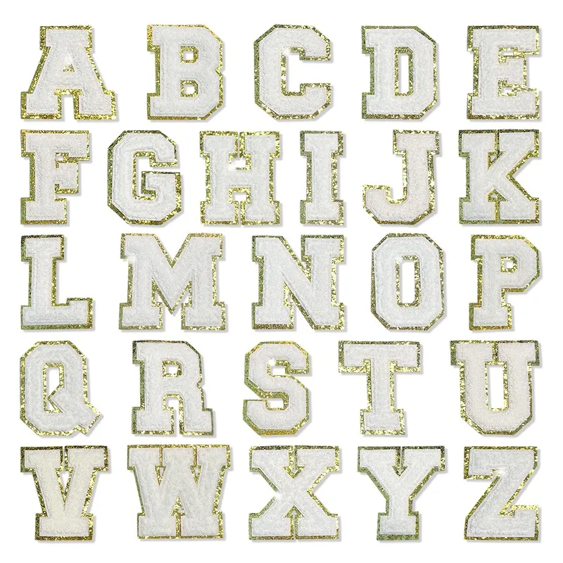 Nozioni lettera bianca alfabeto patch glitter chenille toppe ricamate per cappelli da abbigliamento fai -da -te ferro su accessori Applique