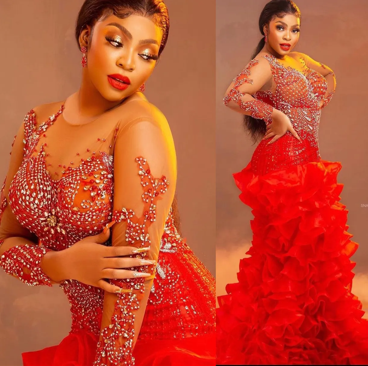 2022 Plus Size Arabic Aso Ebi Red Luxurious Mermaid Prom Dresses Pärled Crystals Evening Formal Party Second Reception Birthday Engagement Gowns Dress ZJ855
