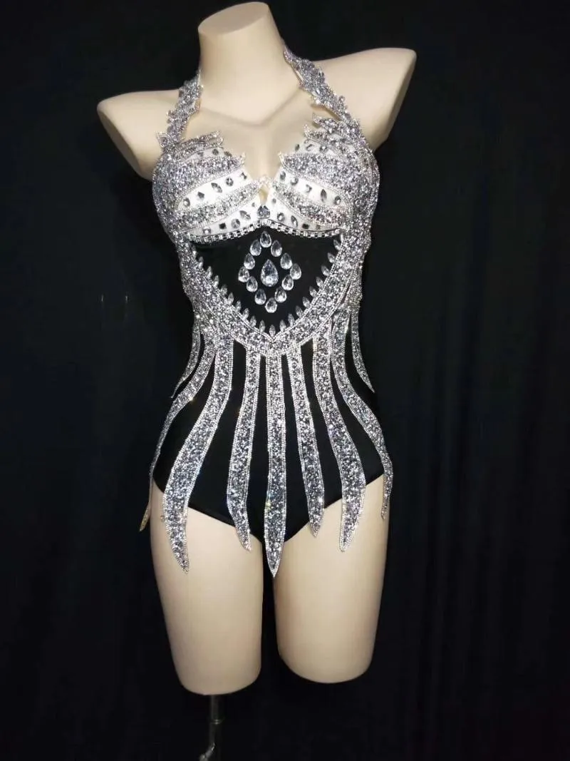 Kadınlar iki parçalı pantolon gümüş rhinestones bodysuits gece kulübü seksi parti kutlama sahne dans kostümleri kadın showgirl eldiven leotard