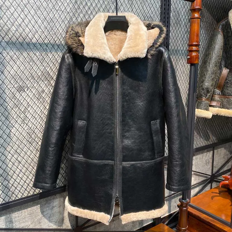 Mens Winter Leather Jackets Hooded Winter Real Raccoon päls krage rockar Shearling Tops Varma utkläder överrockar av hög kvalitet svart vattentäta vindbrytare