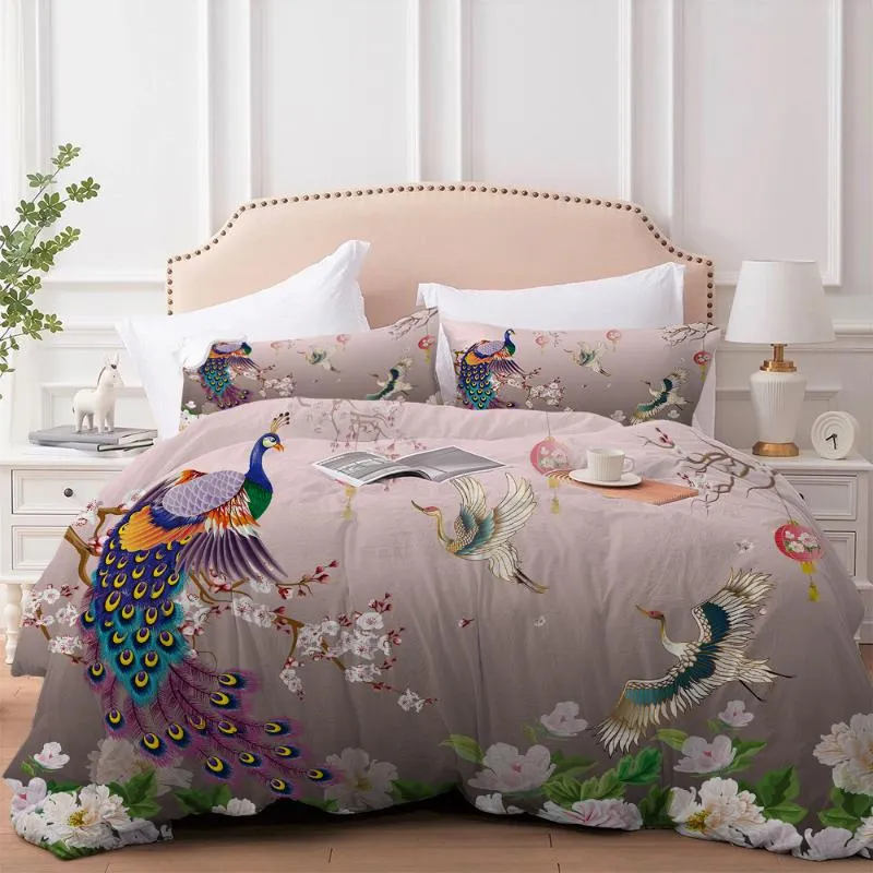 Sängkläder sätter påfågel Deluxe Quilt Cover 3D Set Floral Birds Elegant Däck för vuxna King Twin Double Single Full Size 240x220 Bedding