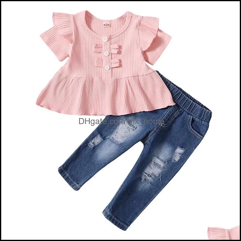 kids clothing sets girls outfits children ruffle flying sleeve tops hole denim pants 2pcs/set summer fashion boutique baby clothes