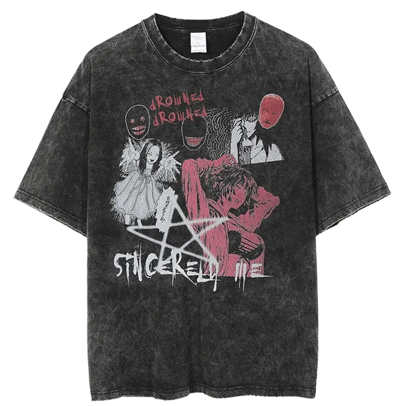 ストリートウェアハラジュク洗えたTシャツヒップホップ日本語アニメグラフィックTシャツメンコットンTシャツ夏半袖トップスティー220812