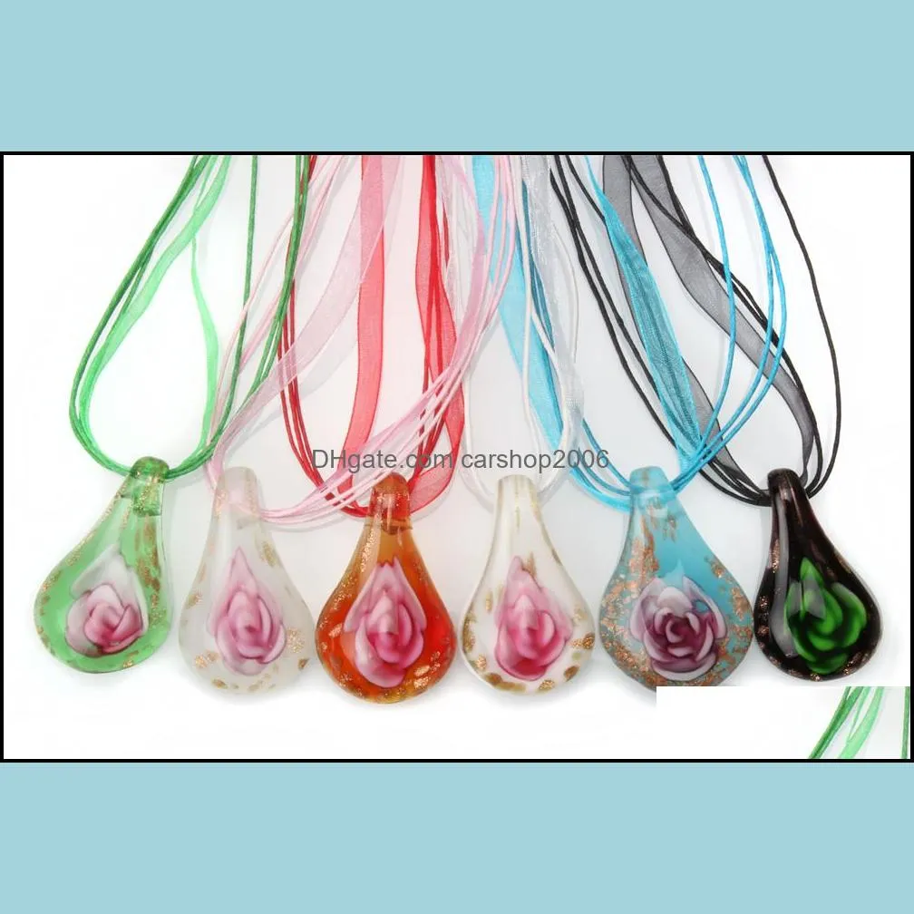 fashion waterdrop 6colors lampwork glass pendants inner flower gold dust murano charms necklace for women mixed color