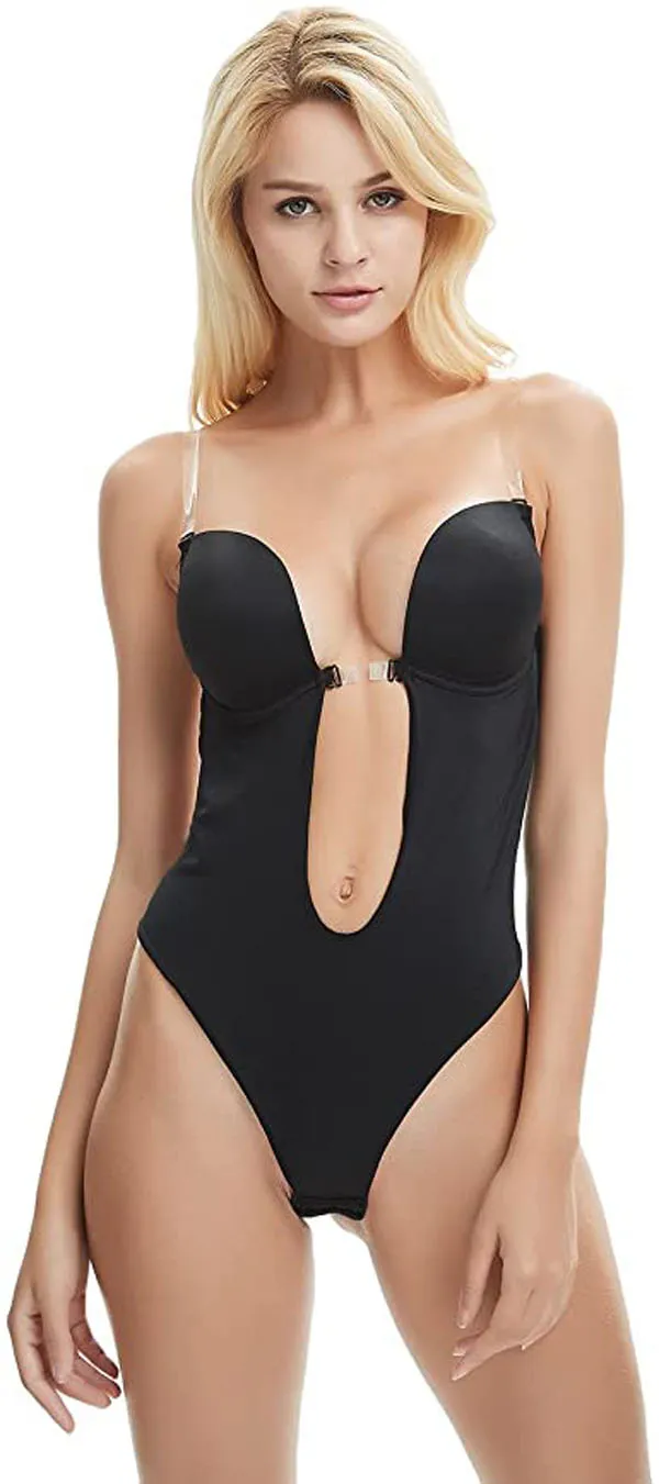 Sexy U Plunge Backless Bodysuit With Deep V Neck And Padded Push