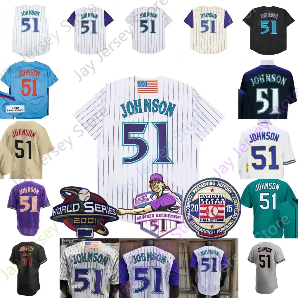 Baseball Jerseys Randy Johnson Jersey Vintage 2001 WS 1999 Turn Back Krijtstreep Pensioen Hall of Fame Patch Vintage Black Mesh Navy White Expos Blue Size Adult