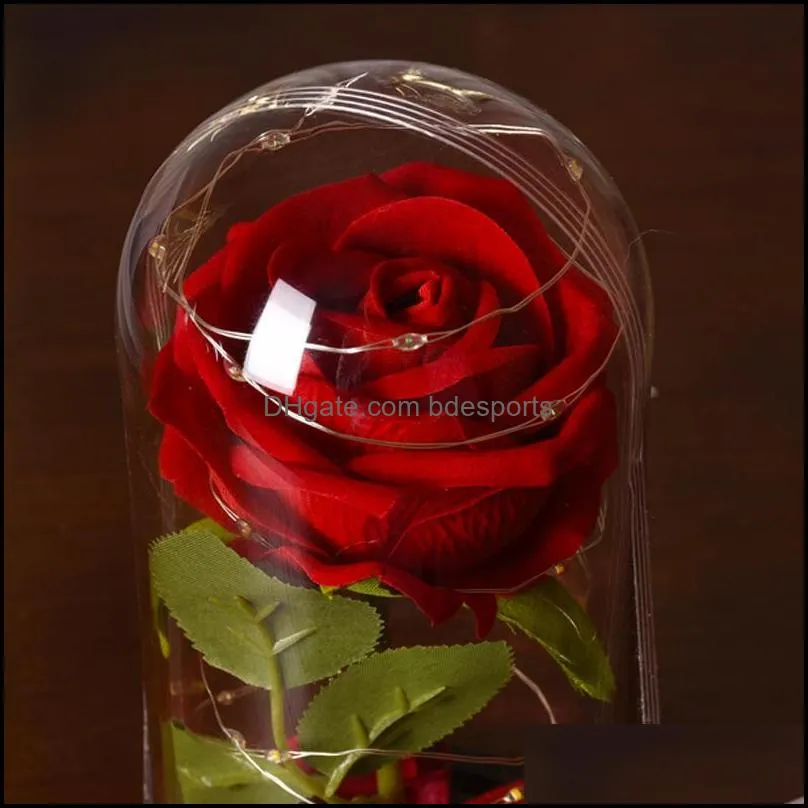 Decorative Flowers & Wreaths Eternal Flower Valentine`s Day Gift Red Rose Home Decor LED Light Wedding In A Glass Cover Office Study Room