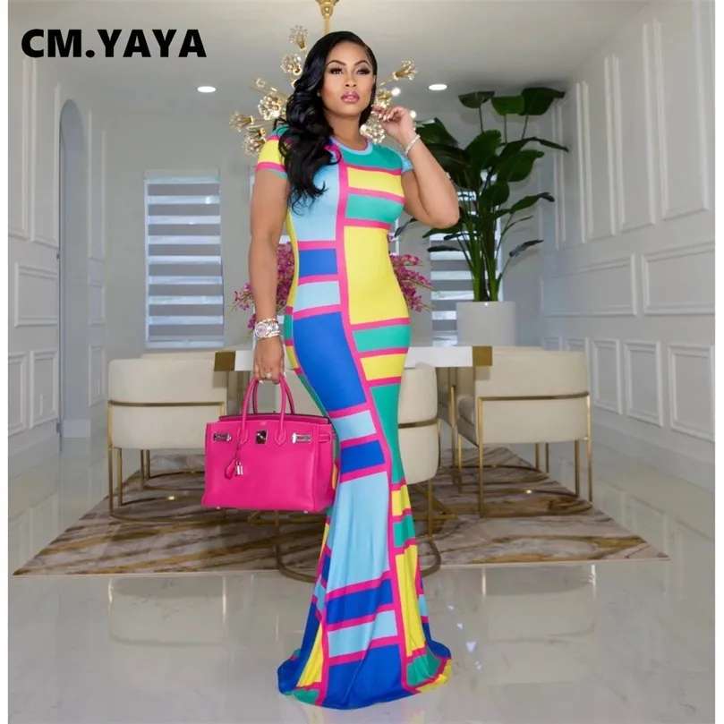 CM.YAYA Frauen Langes Kleid Print Kurzarm Oansatz Stretchy Bodycon Maxi Kleider Vintage Party Vestidos Sommer Outfits 220516