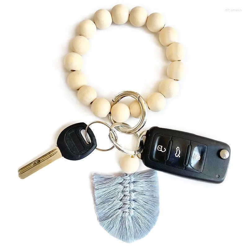 Keychains Wooden Beads Bangle Macrame Tassel Charms BOHO Handmade Wood Beaded Bracelets Key Rings Miri22