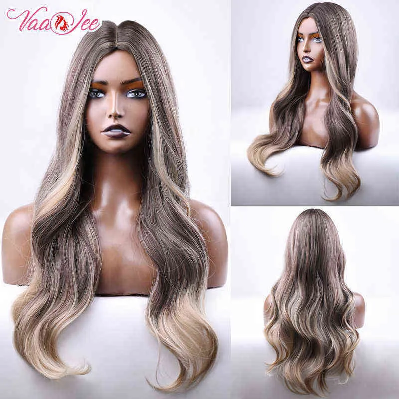 VAAJEE Long Body Wave Wig for Women Ombre Brown Light Golden Synthetic Hair Middle Part Cosplay Natural Heat Resistant 220525