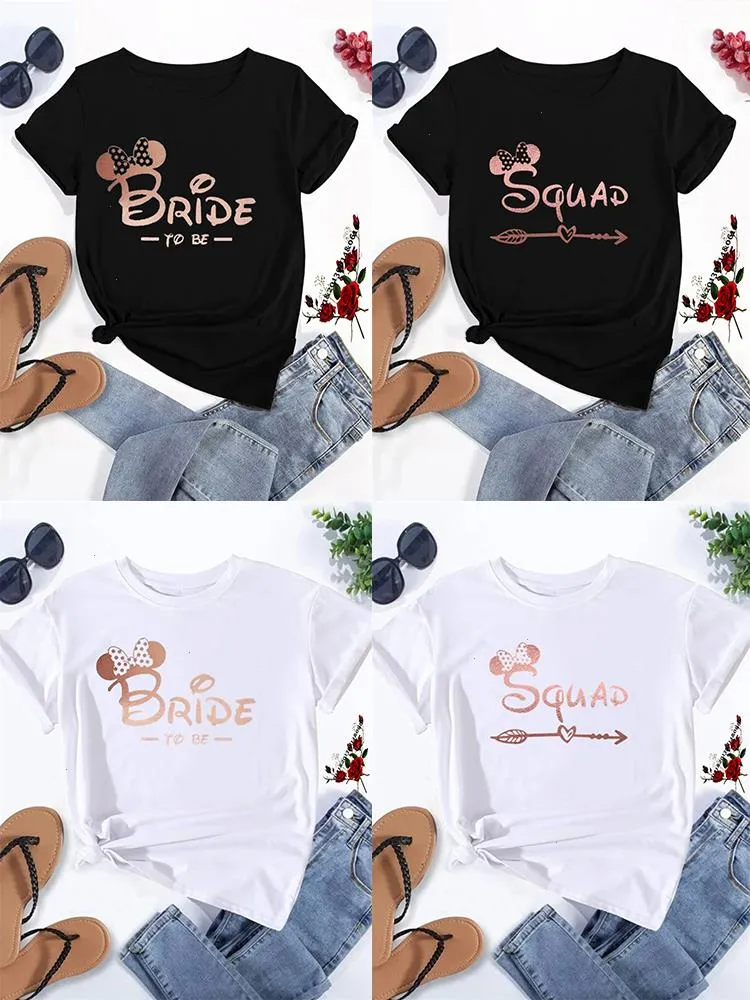 Bachelorette Party Bride Squad Gelin Düğün Kadınlar Takımı Top Tee Mouse Bow Grafik Mektup Baskı Kadın Kısa Kollu Gömlek