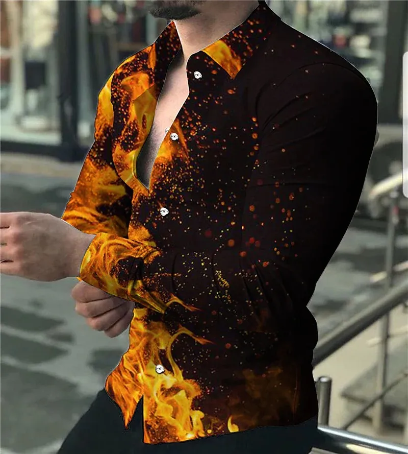 Artı Boyutları 3XL erkek Gündelik Baskı Yangın Gömlek Uzun Kollu Sonbahar Sonbahar Bahar Gömlek Skinny Fit Desen Baskılı Adam Giysileri Hırka 5XL Bluz