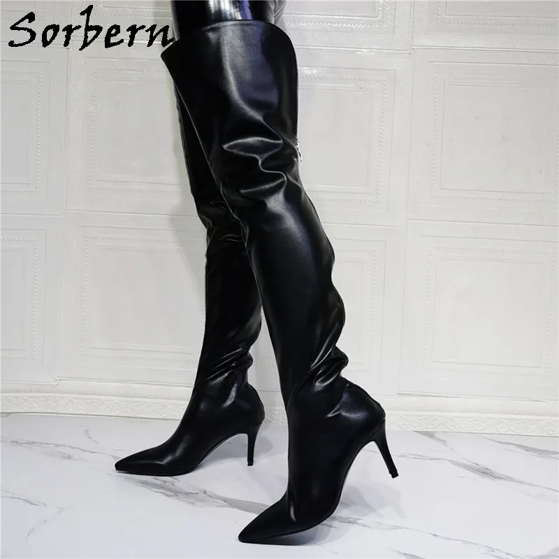 Sorbern Womens Black Thigh High Boots Low Heel Pointed Toe PU Leather Over The Knee Boots Wide Mid Thigh Fit Open Back Kitten Heels From Factory Plus shoes store Bulk 177.43 DHgate.Com