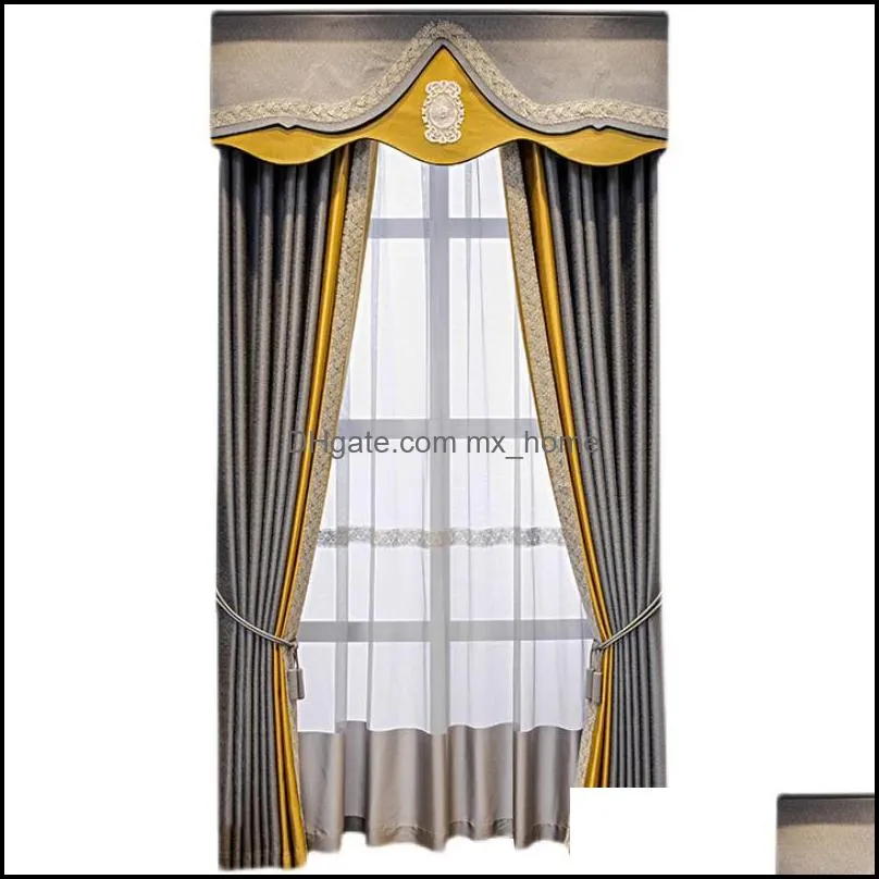 Curtain & Drapes Custom High Quality Modern Simplicity Embroidery Splicing Silk Gray Lace Gold Blackout Valance Tulle Panel M1166