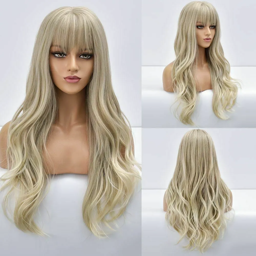 Perruque synthétique longue ondulée Blonde ombrée, frange naturelle, fibre bouclée, usage quotidien, Cosplay