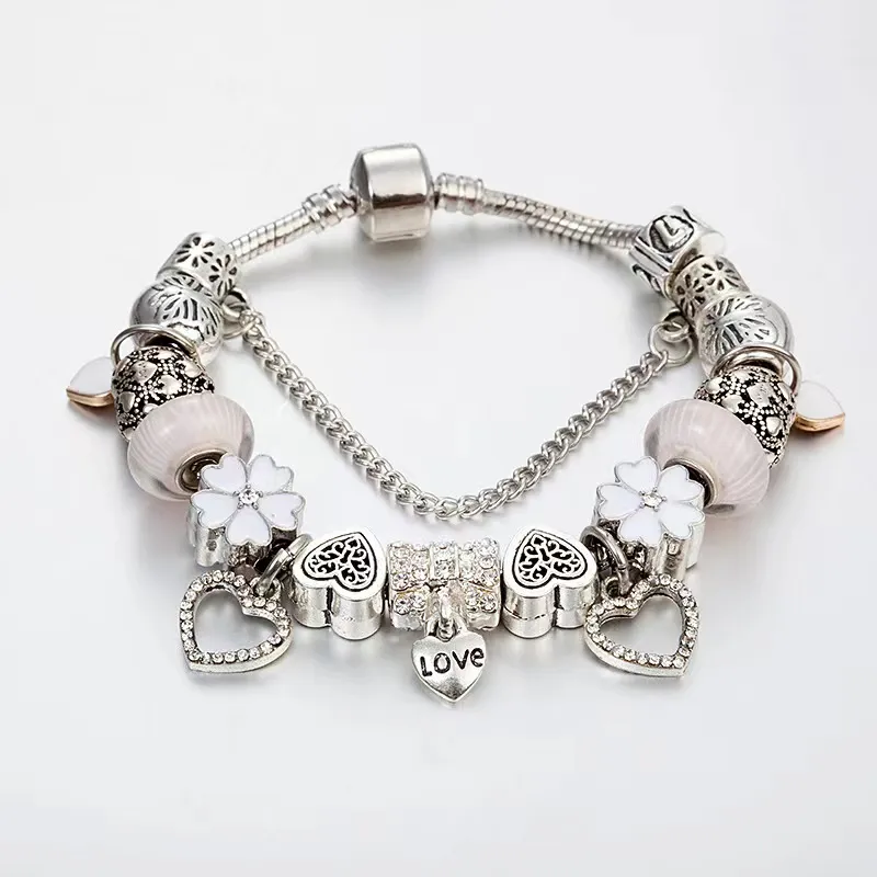 Pulsera con dijes, cuentas de diamantes en forma de corazón, dijes de amor, colgante apto para cadena de serpiente de plata 925, accesorios de bricolaje, brazalete con bolsa o caja de nailon2488