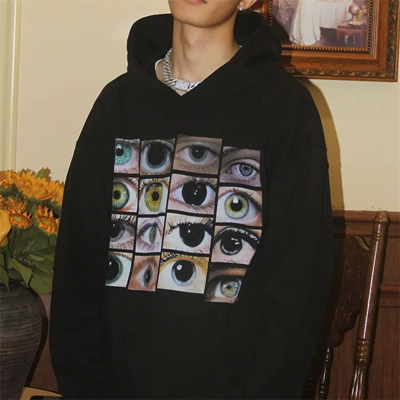 نساء الهيب هوب شارع الشارع مقنعين قميصًا مع عيون طباعة y2k harajuku pullover القطن الخريف غير الرسمي قميص العرق الأسود 220725