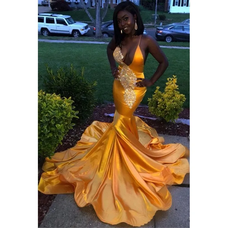 Bright Gold Mermaid Prom Dresses Sexy Backless Beaded Applique Sweep Train African Black Girl Aso Ebi Evening Reception Engagement Gown