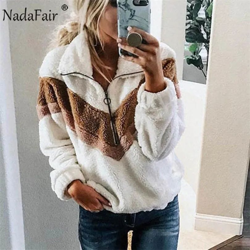 Nadafair Casual Fleece Sweatshirt Women 2019 Patchwork Zip Faux Fur Oversized Winter Fluffy Hoodie Female Plus Size Pullovers T200730