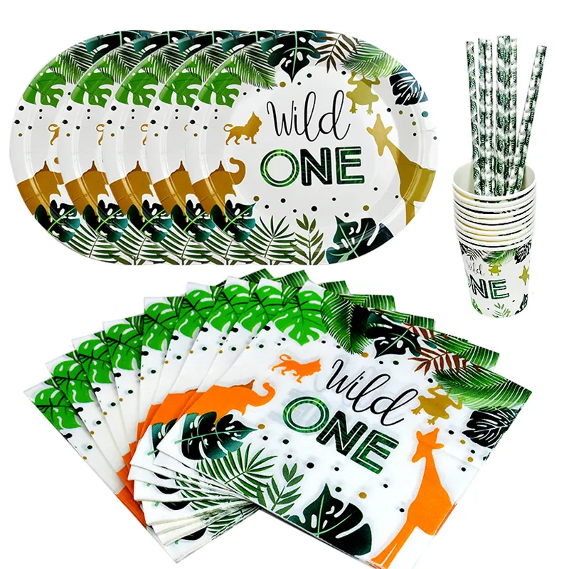 50Pcs Jungle Safari Wild One 1st Birthday Decor Disposable Tableware Sets Napkins Paper Plates Straws Cups Theme Party Supplies