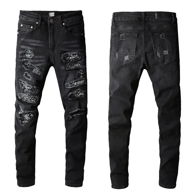 Guys Jeans Knee Ripped Patches Man Rugged Pants Designer Tattered Strike Skinny BlackDistressed Damead Torn Plus Size High Quality for Mens Fashion 2022 Long